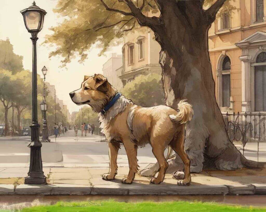 perro orinando en la calle y feliz